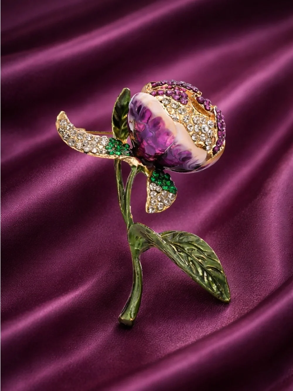 Romantic Purple Rose Brooch – Sparkling Crystal Floral Pin